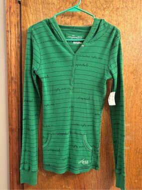 NWT 2010s Aeropostale Green Waffle-Knit Hooded Thermal with Thin Stripes